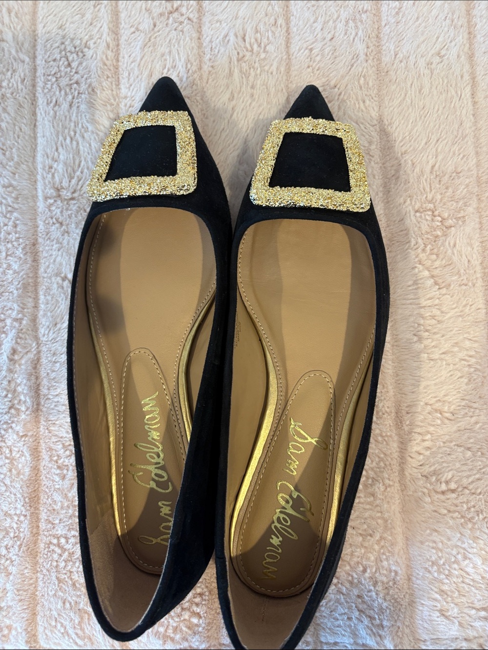 Sam Edelman Black Suede Pointed Toe Flats with Gold Buckle Detail - Picture 2 of 5